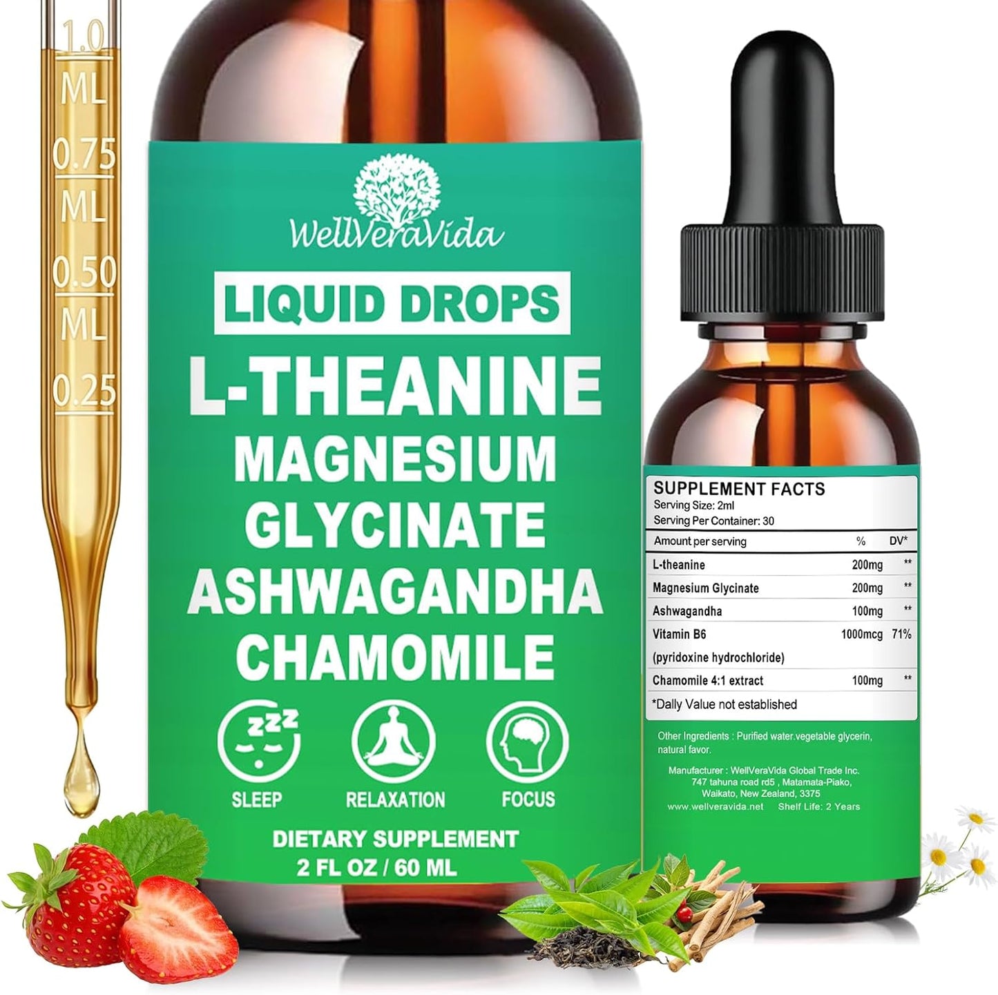 L Theanine Supplement Liquid Drops - Organic L-Theanine 200mg for Adults & Kids with Magnesium Glycinate and Ashwagandha, Natural Sleep, Relaxation & Focus Support, Vegan, Alcohol-Free, Non-GMO