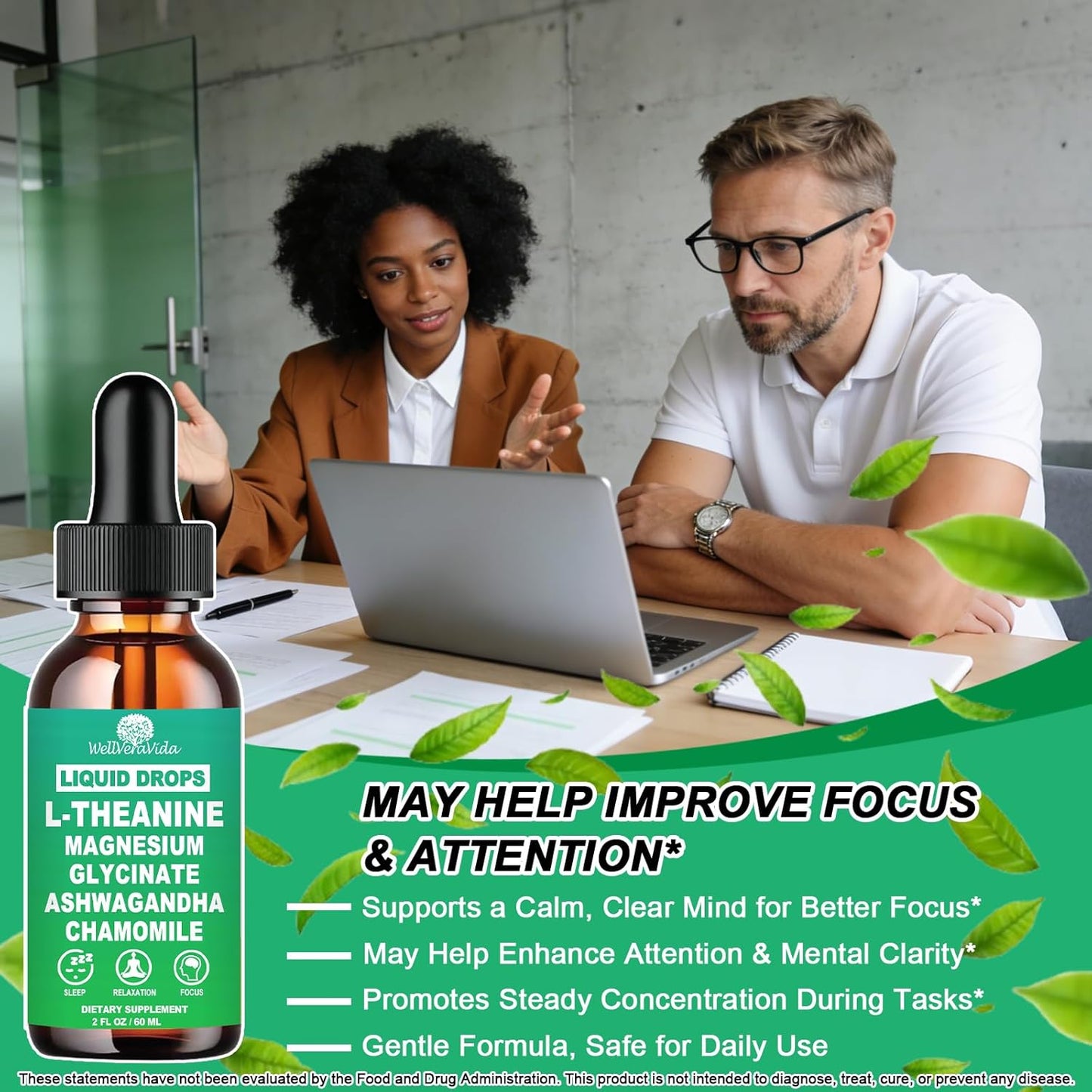 L Theanine Supplement Liquid Drops - Organic L-Theanine 200mg for Adults & Kids with Magnesium Glycinate and Ashwagandha, Natural Sleep, Relaxation & Focus Support, Vegan, Alcohol-Free, Non-GMO