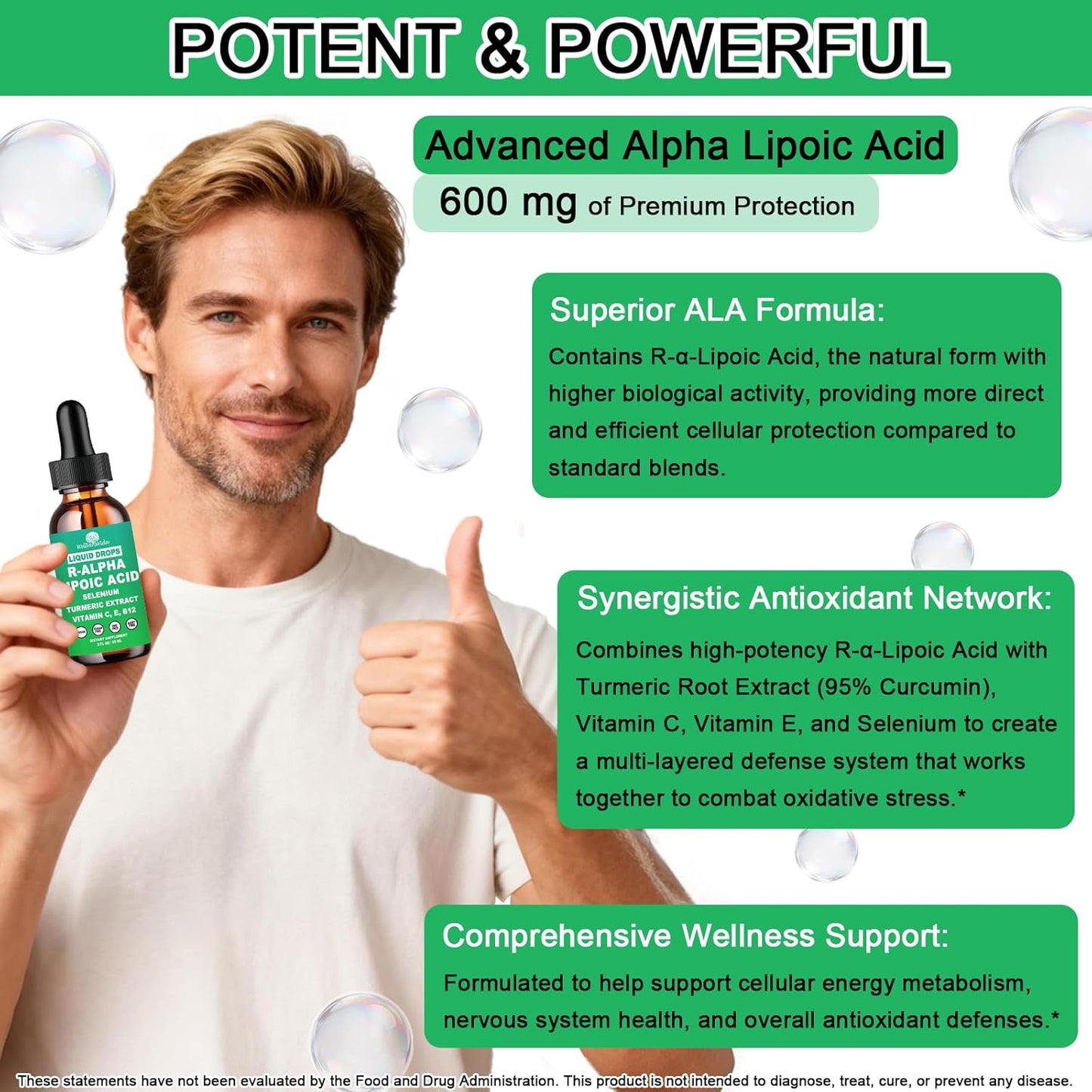 Alpha Lipoic Acid Liquid Drops, ALA Supplement Alpha Lipoic Acid 600mg for Antioxidants Nerve & Energy Metabolism Support, Alpha-Lipoic Acid w. Stabilized R-ALA & S-ALA for Max Bioavailability丨NON-GMO