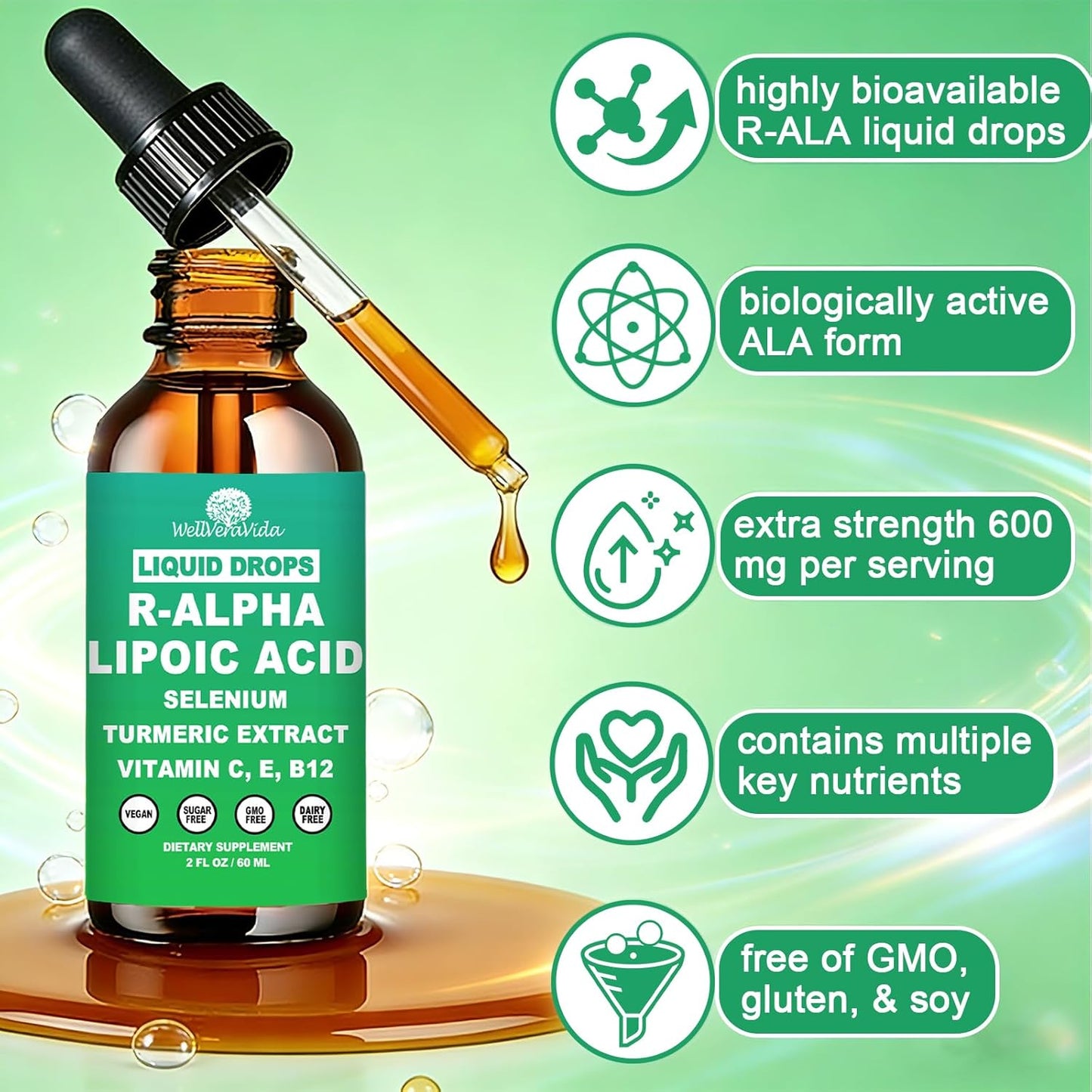 Alpha Lipoic Acid Liquid Drops, ALA Supplement Alpha Lipoic Acid 600mg for Antioxidants Nerve & Energy Metabolism Support, Alpha-Lipoic Acid w. Stabilized R-ALA & S-ALA for Max Bioavailability丨NON-GMO