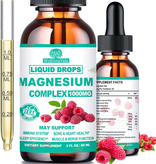 Organic Magnesium Liquid Drops, Calm Magnesium 5 Complex with Vitamin D3 K2 B6, St Johns Wort, Lemon Balm, Chelated Zinc Magnesium Glycinate 500mg Blend for Immune Heart Mood Nerve Sleep Function