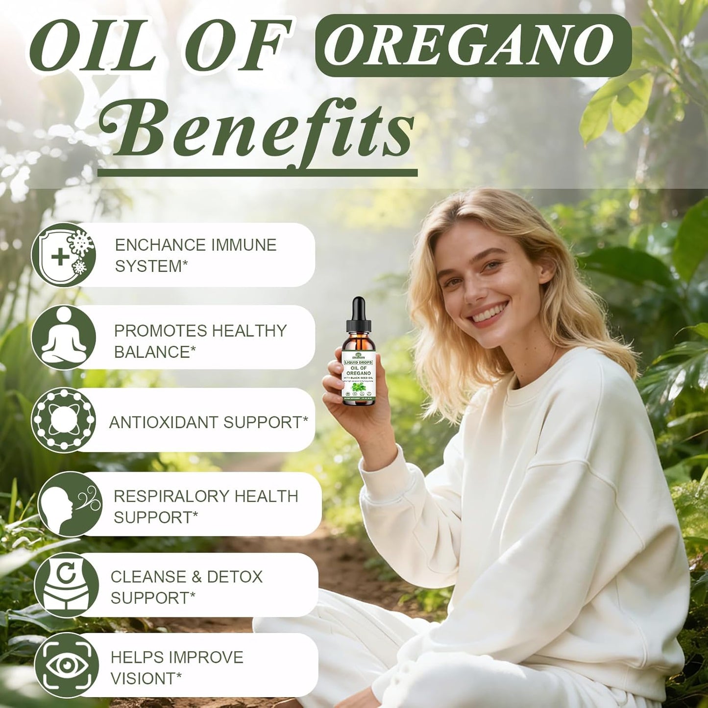 Oil of Oregano with Black Seed Oil, 7-in-1 Organic Oregano Oil Drops W/Garlic Elderberry Olive Leaf, Carvacrol & Thymol*丨Natural Herbal Supplements for Seasnoing Immune, Antioxidant Support丨Vegan