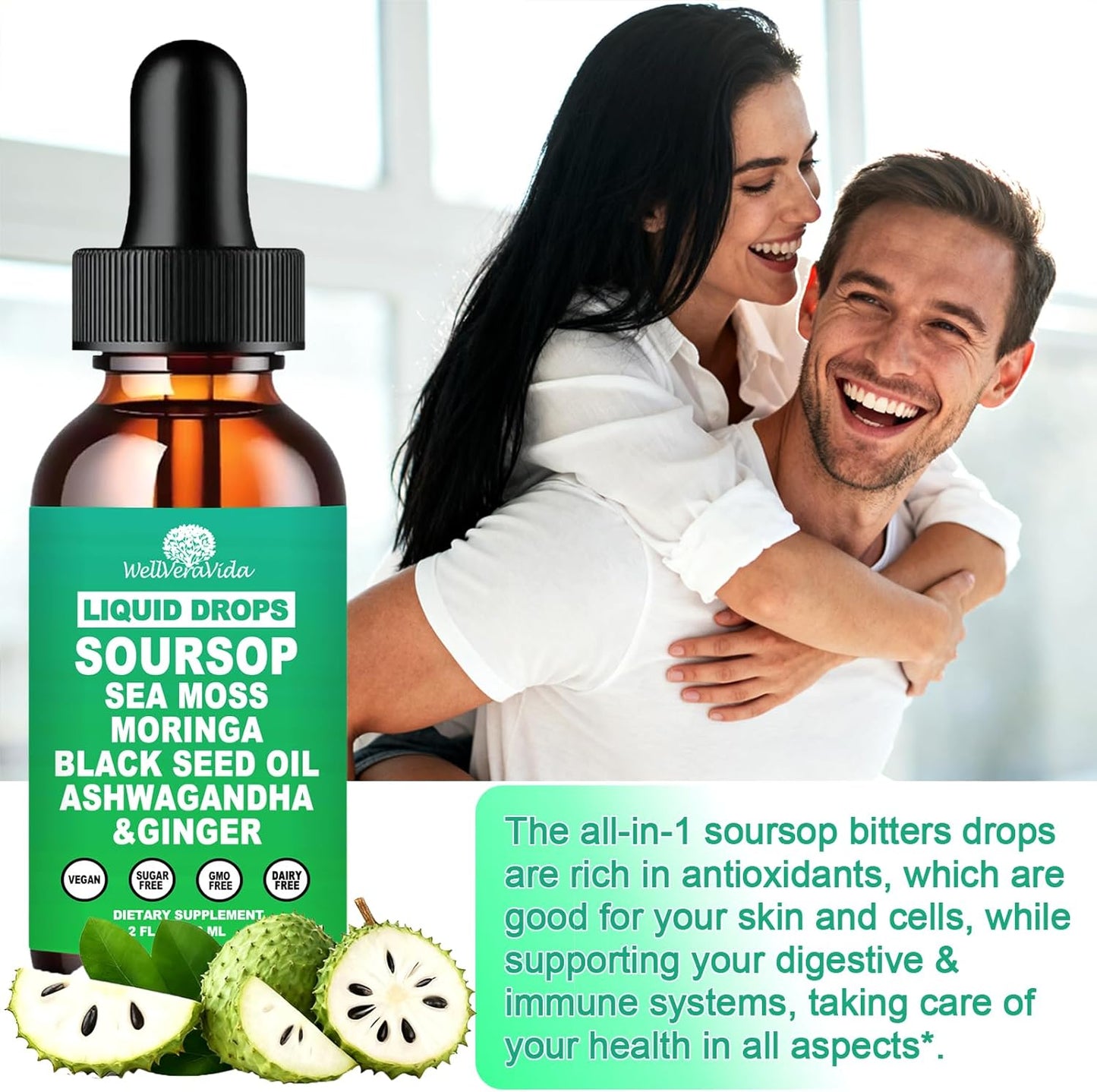 Soursop Bitters Liquid Drops- Organic Soursop Leaves Extract for Energy, Skin, Immune & Gut Health丨Natural Superfood Antioxidants Supplement w/Sea Moss, Moringa, Black Seed Oil, Ashwagandha & Ginger