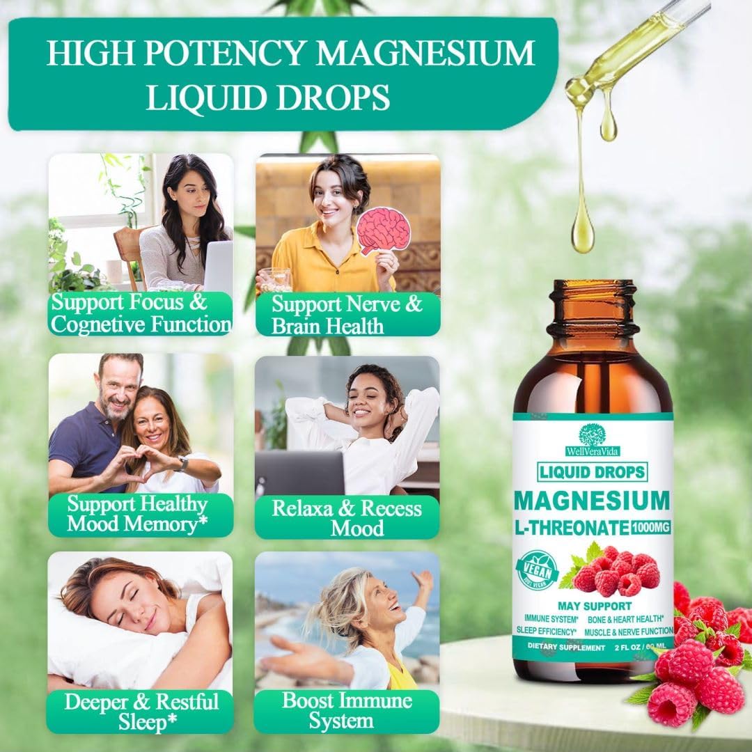 Magnesium L-Threonate Liquid, Triple Sleep Magnesium Threonate w. Apigenin, Theanine, Lemon Balm High Absorption Liquid Magnesium Threonate Supplement for Sleep Memory Calm Brain Nerve Muscle