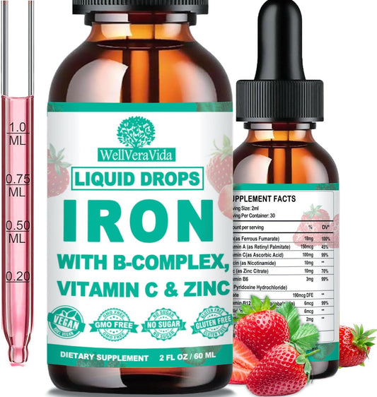 Vegan Iron Drops for Women, Men, Kids, High Potency Liquid Iron with Vitamin A C B-Complex, Chelated Iron with Multivitamin, Iron Supplement for Anemia & Fatigue, Energy, Red Blood Cell Support,