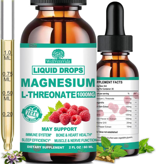 Magnesium L-Threonate Liquid, Triple Sleep Magnesium Threonate w. Apigenin, Theanine, Lemon Balm High Absorption Liquid Magnesium Threonate Supplement for Sleep Memory Calm Brain Nerve Muscle