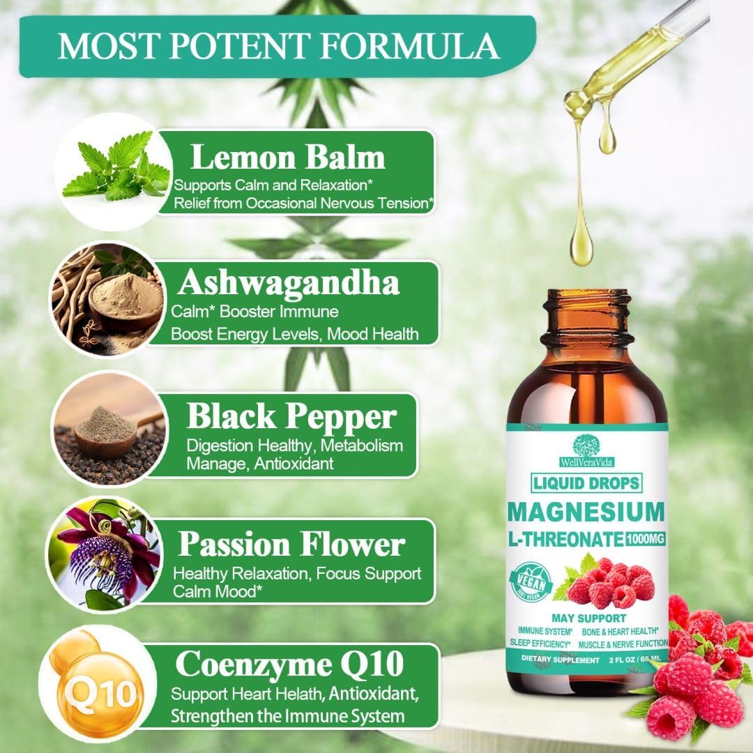 Magnesium L-Threonate Liquid, Triple Sleep Magnesium Threonate w. Apigenin, Theanine, Lemon Balm High Absorption Liquid Magnesium Threonate Supplement for Sleep Memory Calm Brain Nerve Muscle