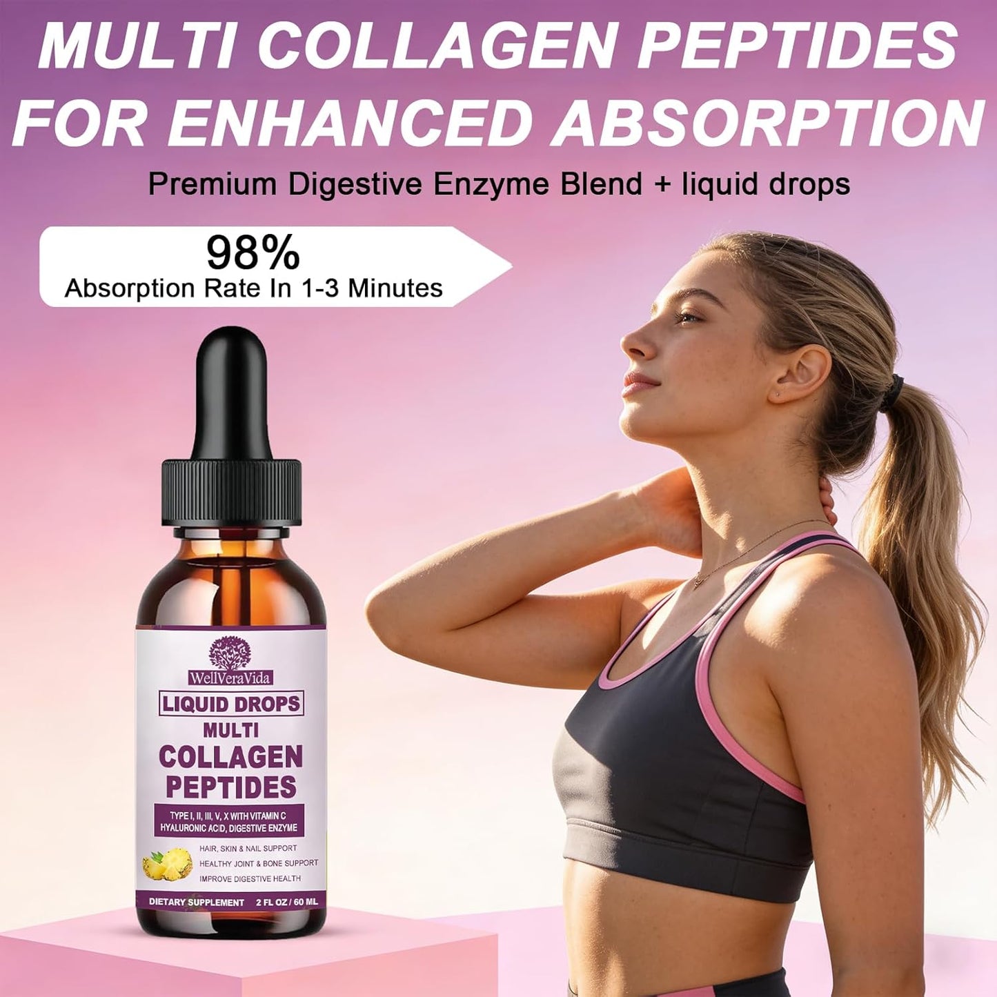 Multi Collagen Peptides Liquid Drops, 2oz – Types I, II, III, V, X, Hydrolyzed Collagen Complex for Hair, Skin, Nails, Bones & Joint Support | Collagen Supplement w. Hyaluronic Acid, Biotin, Vitamin C