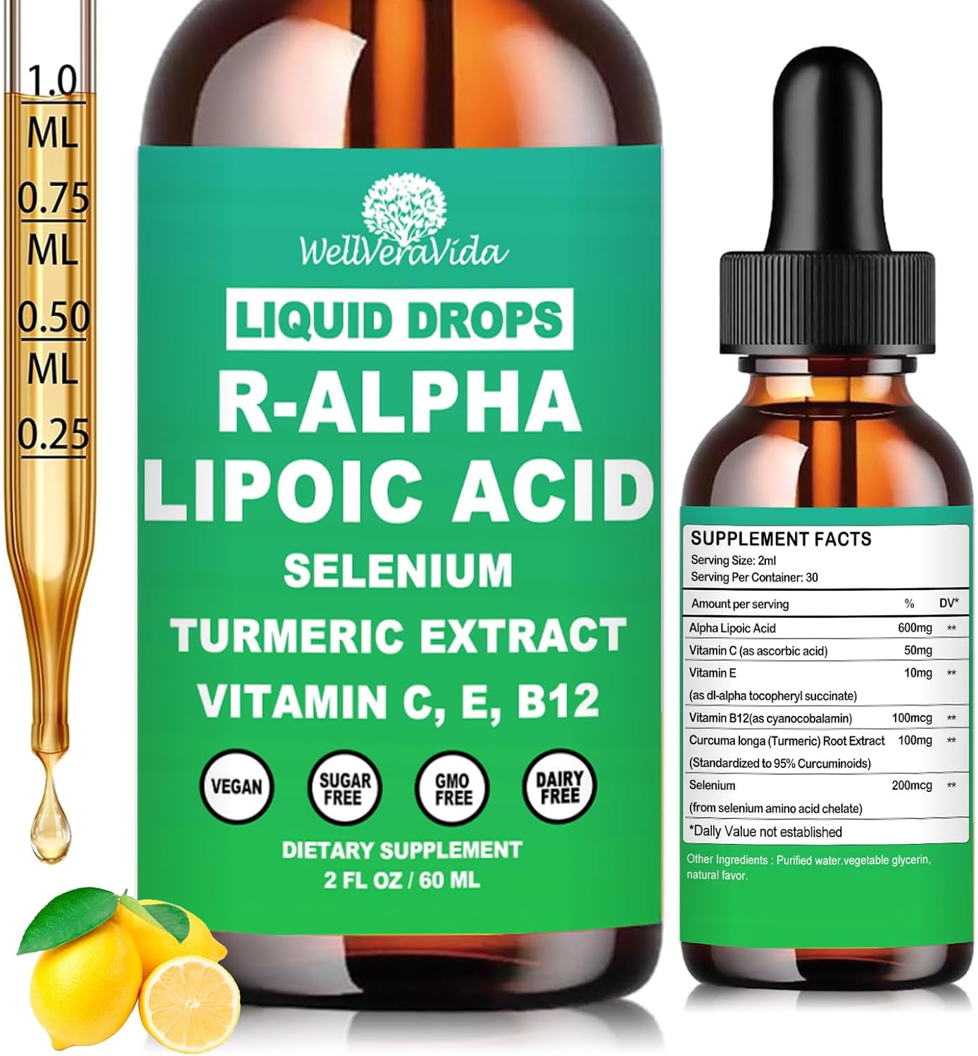 Alpha Lipoic Acid Liquid Drops, ALA Supplement Alpha Lipoic Acid 600mg for Antioxidants Nerve & Energy Metabolism Support, Alpha-Lipoic Acid w. Stabilized R-ALA & S-ALA for Max Bioavailability丨NON-GMO