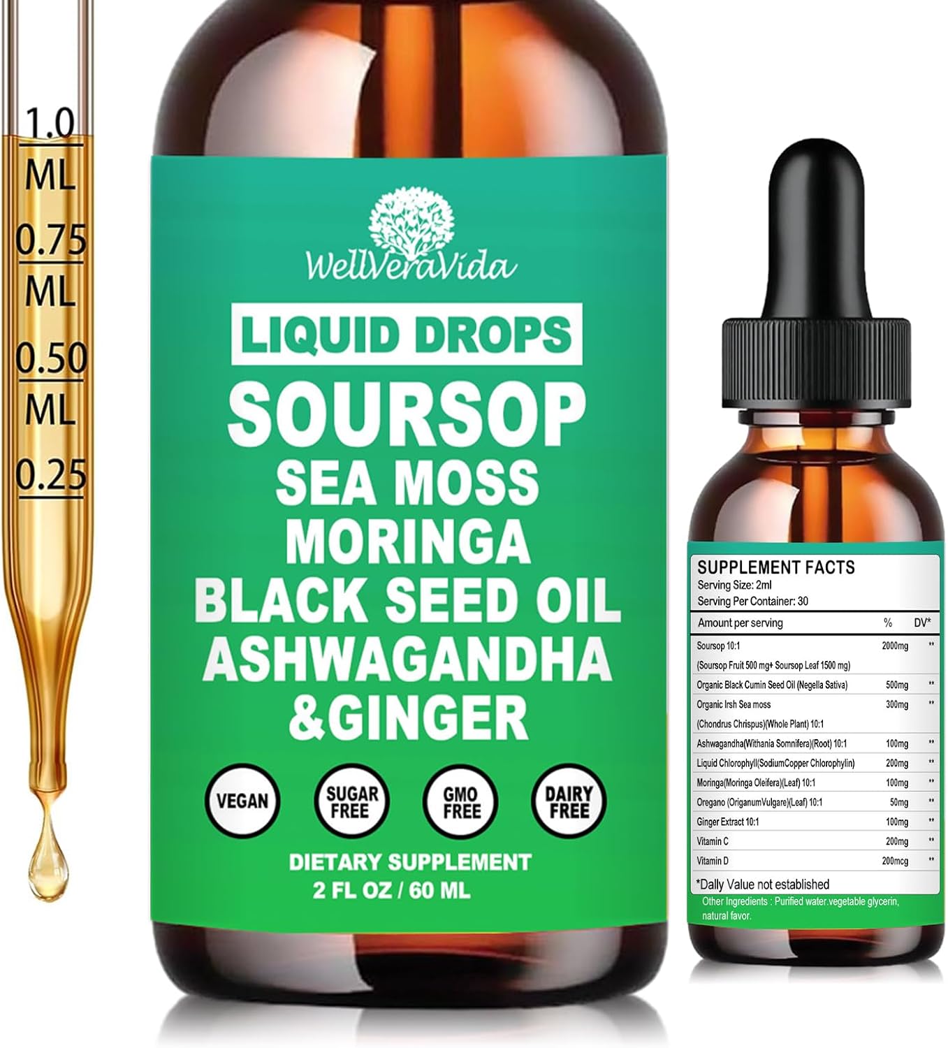 Soursop Bitters Liquid Drops- Organic Soursop Leaves Extract for Energy, Skin, Immune & Gut Health丨Natural Superfood Antioxidants Supplement w/Sea Moss, Moringa, Black Seed Oil, Ashwagandha & Ginger