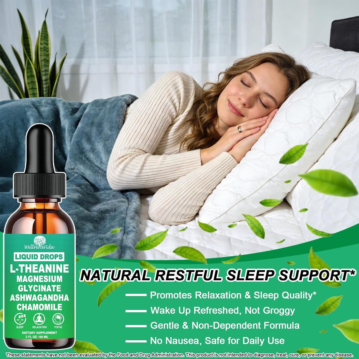 L Theanine Supplement Liquid Drops - Organic L-Theanine 200mg for Adults & Kids with Magnesium Glycinate and Ashwagandha, Natural Sleep, Relaxation & Focus Support, Vegan, Alcohol-Free, Non-GMO