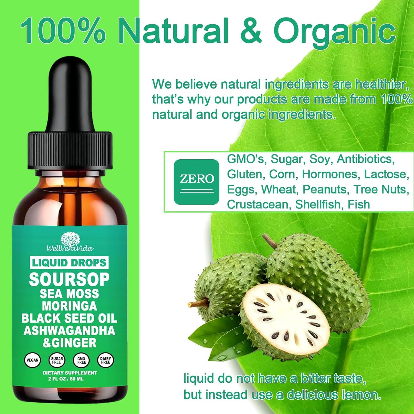 Soursop Bitters Liquid Drops- Organic Soursop Leaves Extract for Energy, Skin, Immune & Gut Health丨Natural Superfood Antioxidants Supplement w/Sea Moss, Moringa, Black Seed Oil, Ashwagandha & Ginger