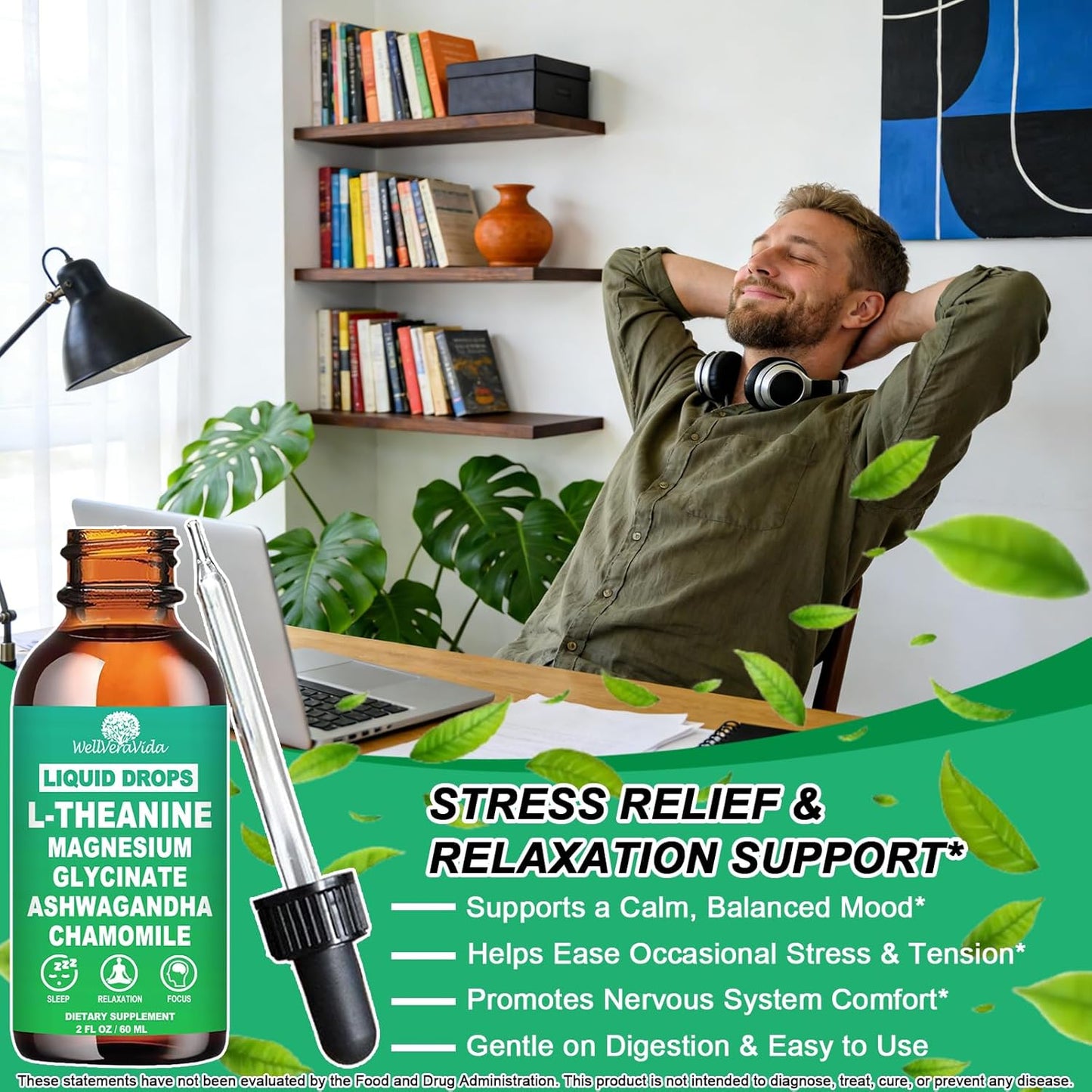 L Theanine Supplement Liquid Drops - Organic L-Theanine 200mg for Adults & Kids with Magnesium Glycinate and Ashwagandha, Natural Sleep, Relaxation & Focus Support, Vegan, Alcohol-Free, Non-GMO