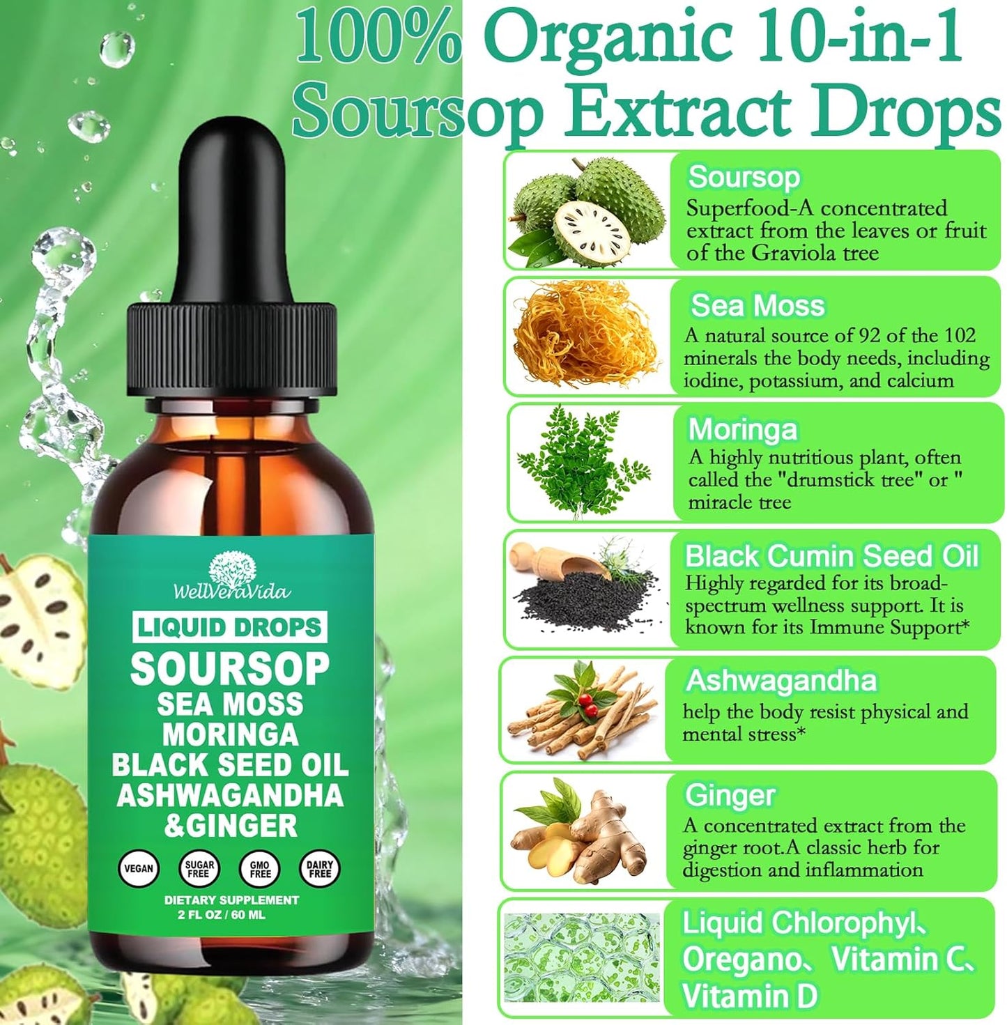 Soursop Bitters Liquid Drops- Organic Soursop Leaves Extract for Energy, Skin, Immune & Gut Health丨Natural Superfood Antioxidants Supplement w/Sea Moss, Moringa, Black Seed Oil, Ashwagandha & Ginger