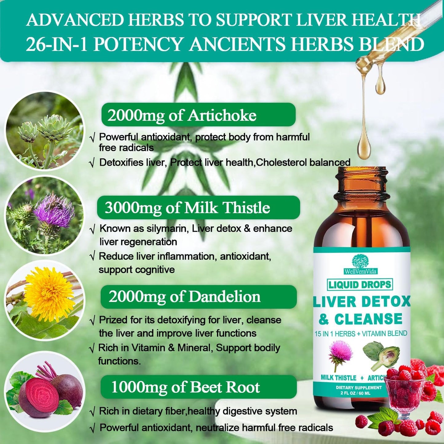 2Fl Oz Liver Cleanse Detox & Repair, Herbal Liver Support Supplement w. Milk Thistle Artichoke Dandelion Beet & NAC TUDCA for Kidney Fatty Liver Health, Liquid Drops Milk Thistle Liver Detox