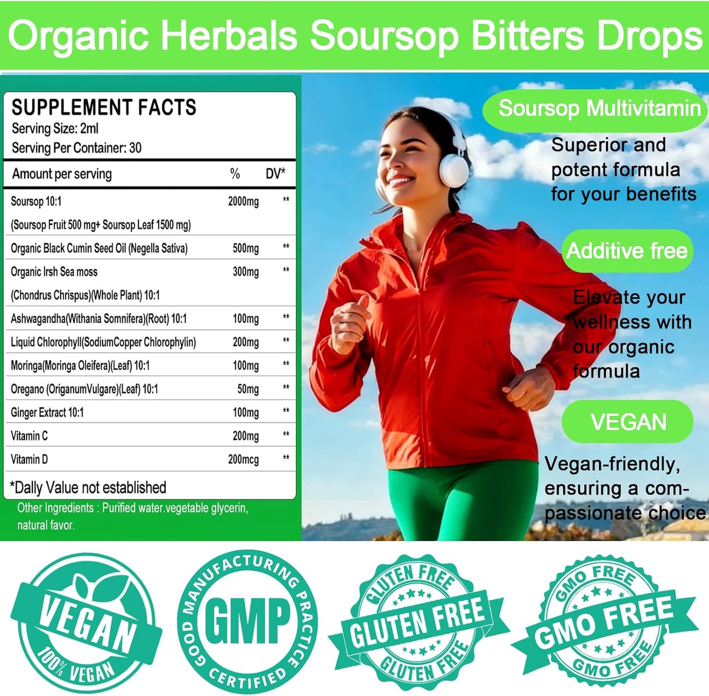 Soursop Bitters Liquid Drops- Organic Soursop Leaves Extract for Energy, Skin, Immune & Gut Health丨Natural Superfood Antioxidants Supplement w/Sea Moss, Moringa, Black Seed Oil, Ashwagandha & Ginger