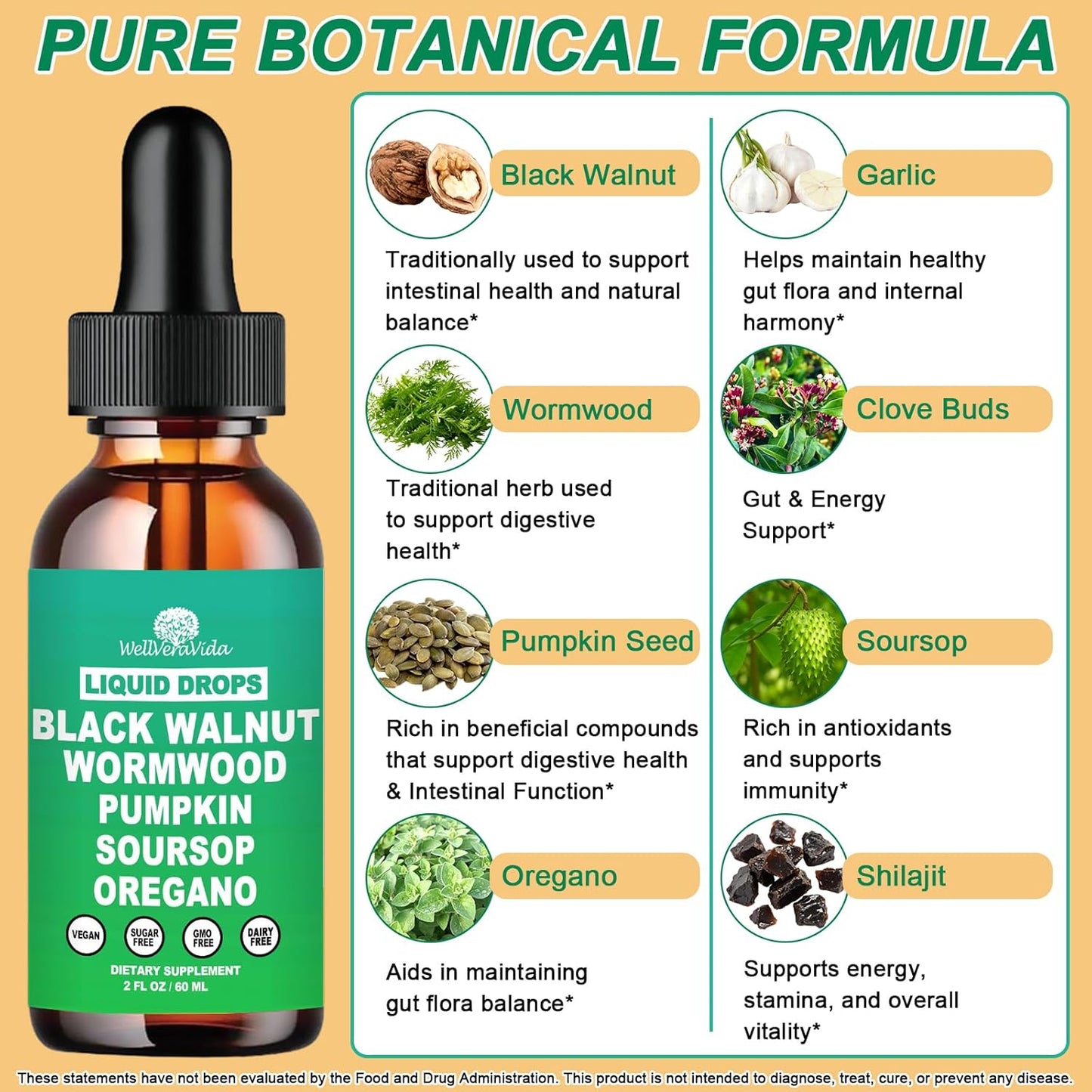 Liposomal Wormwood Black Walnut Clove Cleanse for Humans Drops, Organic 9-in-1 Herbal Extract Hull Supplement Plus Oregano, Soursop & Pumpkin Seed for Gut Detox & Digestive Health丨Vegan,30 Days Supply