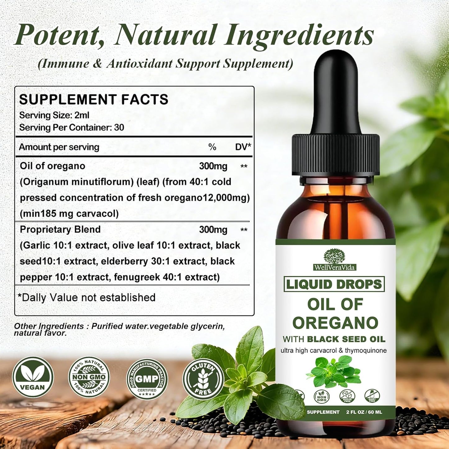 Oil of Oregano with Black Seed Oil, 7-in-1 Organic Oregano Oil Drops W/Garlic Elderberry Olive Leaf, Carvacrol & Thymol*丨Natural Herbal Supplements for Seasnoing Immune, Antioxidant Support丨Vegan