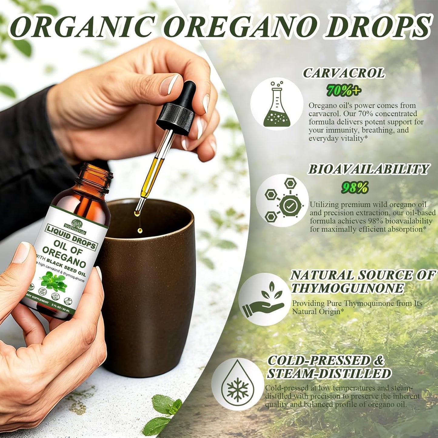 Oil of Oregano with Black Seed Oil, 7-in-1 Organic Oregano Oil Drops W/Garlic Elderberry Olive Leaf, Carvacrol & Thymol*丨Natural Herbal Supplements for Seasnoing Immune, Antioxidant Support丨Vegan