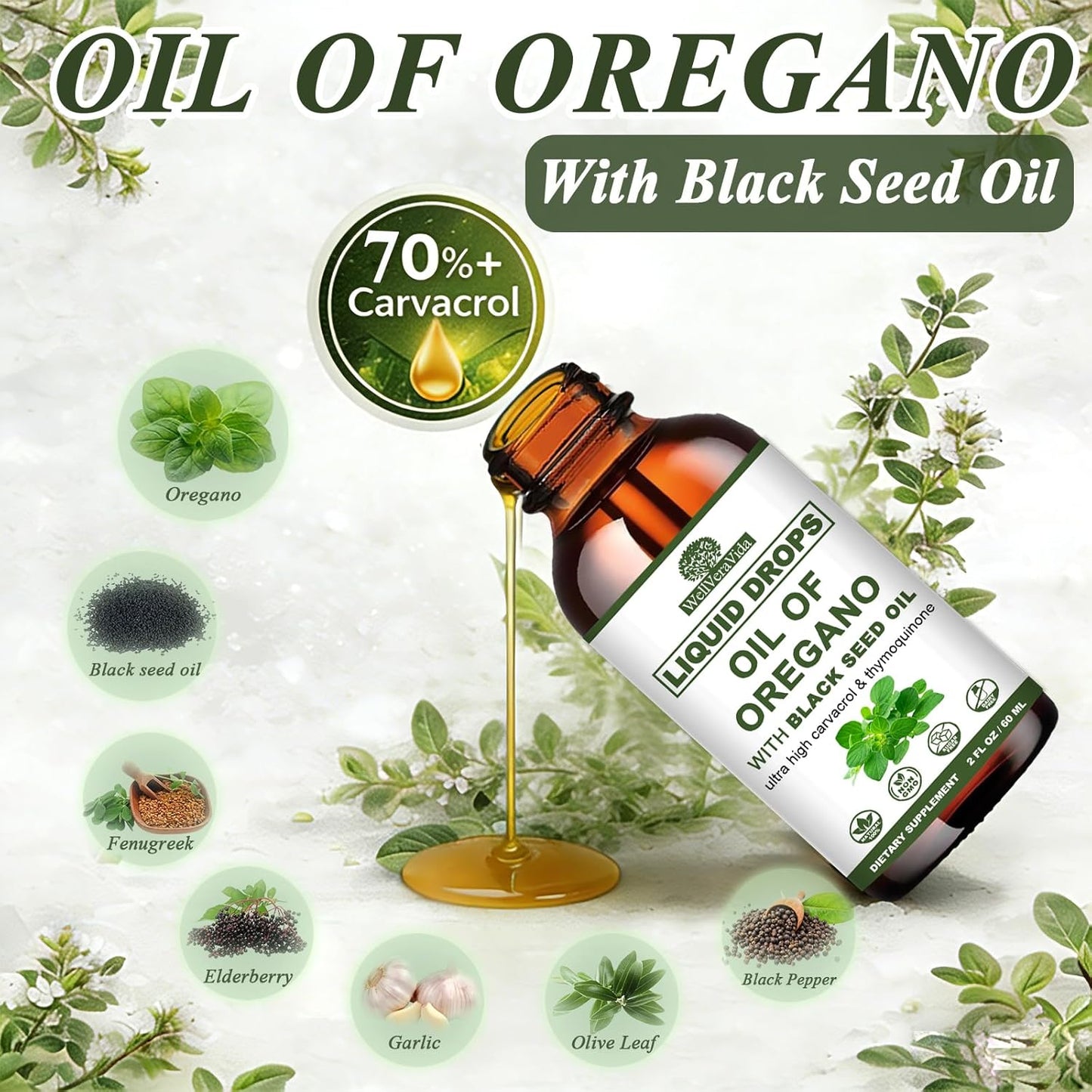 Oil of Oregano with Black Seed Oil, 7-in-1 Organic Oregano Oil Drops W/Garlic Elderberry Olive Leaf, Carvacrol & Thymol*丨Natural Herbal Supplements for Seasnoing Immune, Antioxidant Support丨Vegan