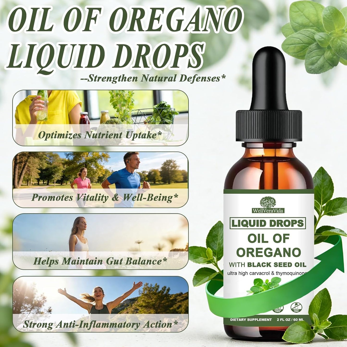 Oil of Oregano with Black Seed Oil, 7-in-1 Organic Oregano Oil Drops W/Garlic Elderberry Olive Leaf, Carvacrol & Thymol*丨Natural Herbal Supplements for Seasnoing Immune, Antioxidant Support丨Vegan