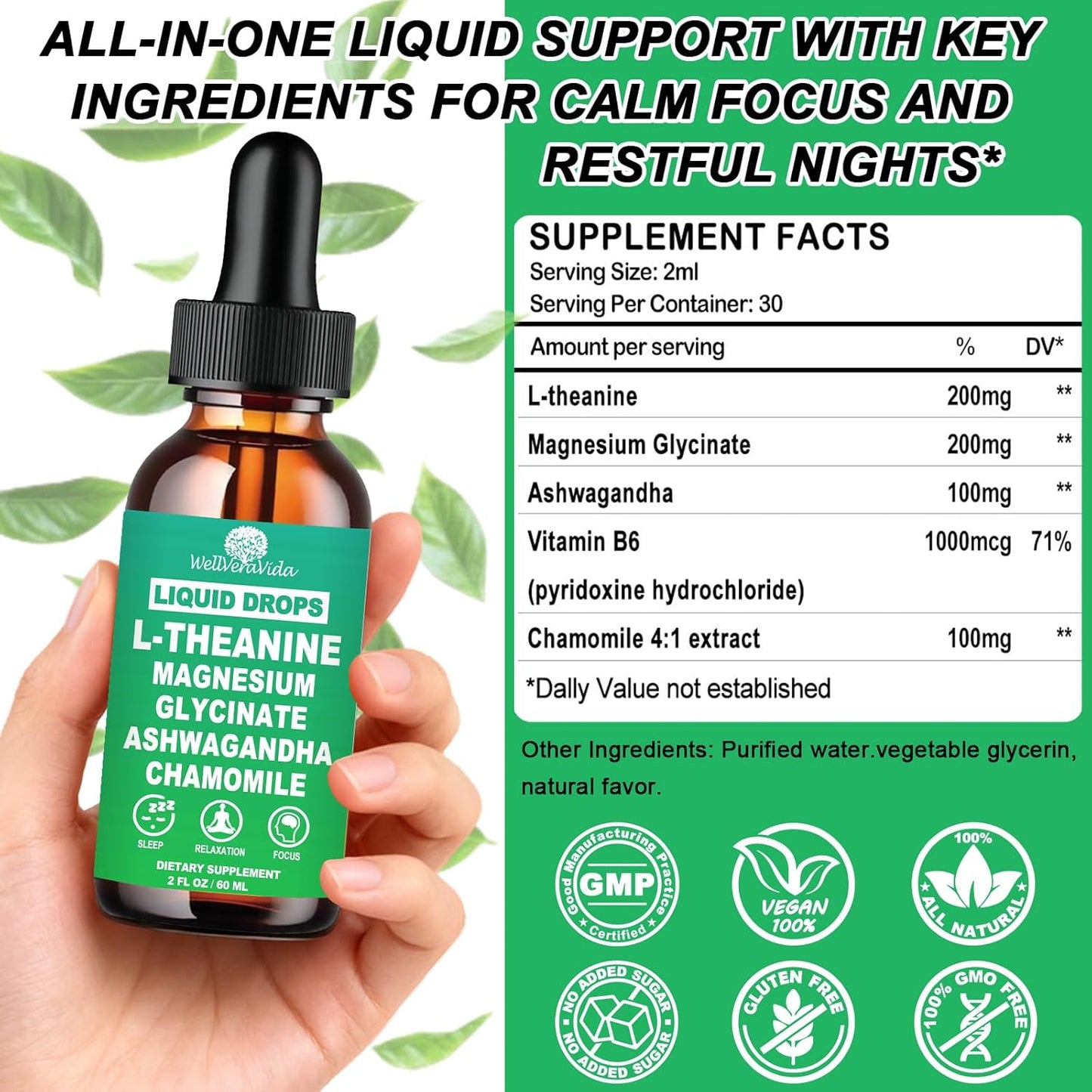 L Theanine Supplement Liquid Drops - Organic L-Theanine 200mg for Adults & Kids with Magnesium Glycinate and Ashwagandha, Natural Sleep, Relaxation & Focus Support, Vegan, Alcohol-Free, Non-GMO